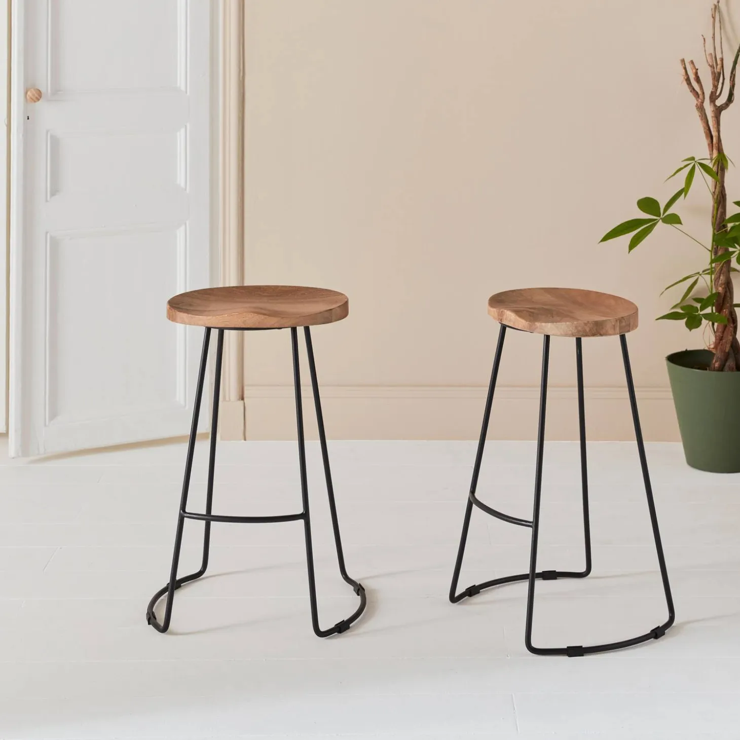 Pair of industrial metal and wooden bar stools