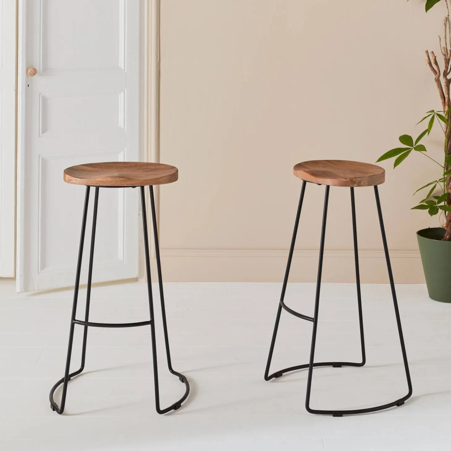 Pair of industrial metal and wooden bar stools