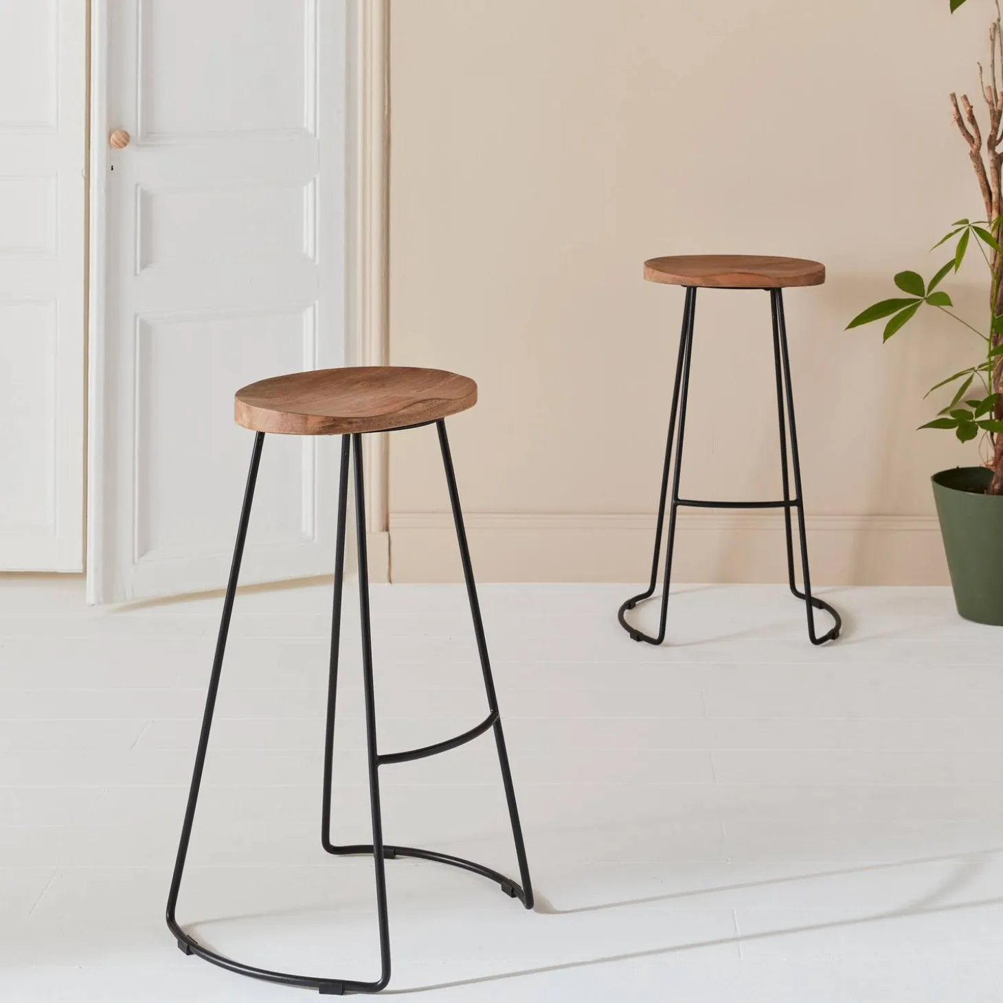 Pair of industrial metal and wooden bar stools