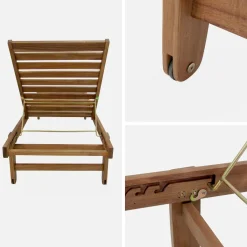 Pair of multi-position wooden sun loungers with wheels