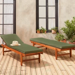 Pair of multi-position wooden sun loungers with wheels