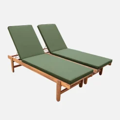 Pair of multi-position wooden sun loungers with wheels