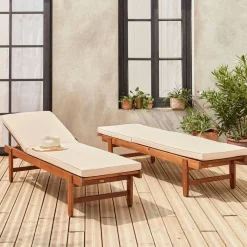 Pair of multi-position wooden sun loungers with wheels