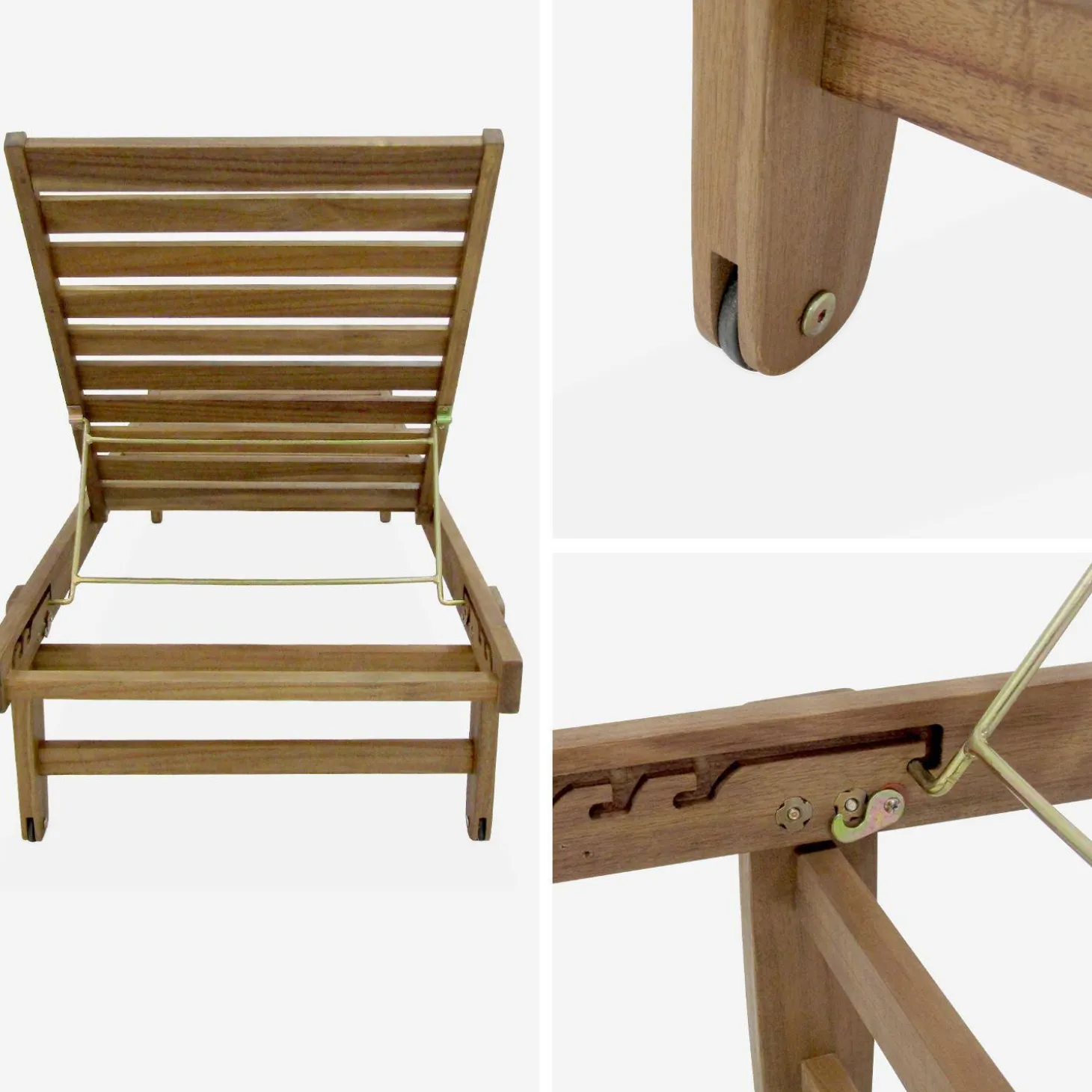 Pair of multi-position wooden sun loungers with wheels