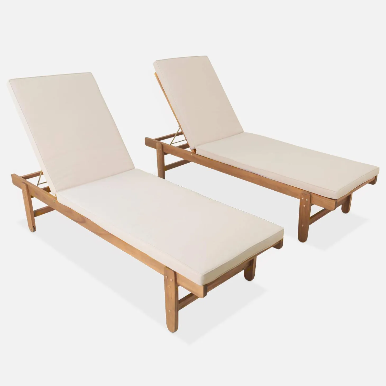 Pair of multi-position wooden sun loungers with wheels