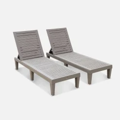 Pair of plastic sun loungers with textured wood effect