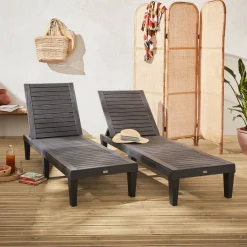 Pair of plastic sun loungers with textured wood effect