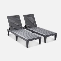 Pair of plastic sun loungers with textured wood effect