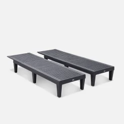 Pair of plastic sun loungers with textured wood effect