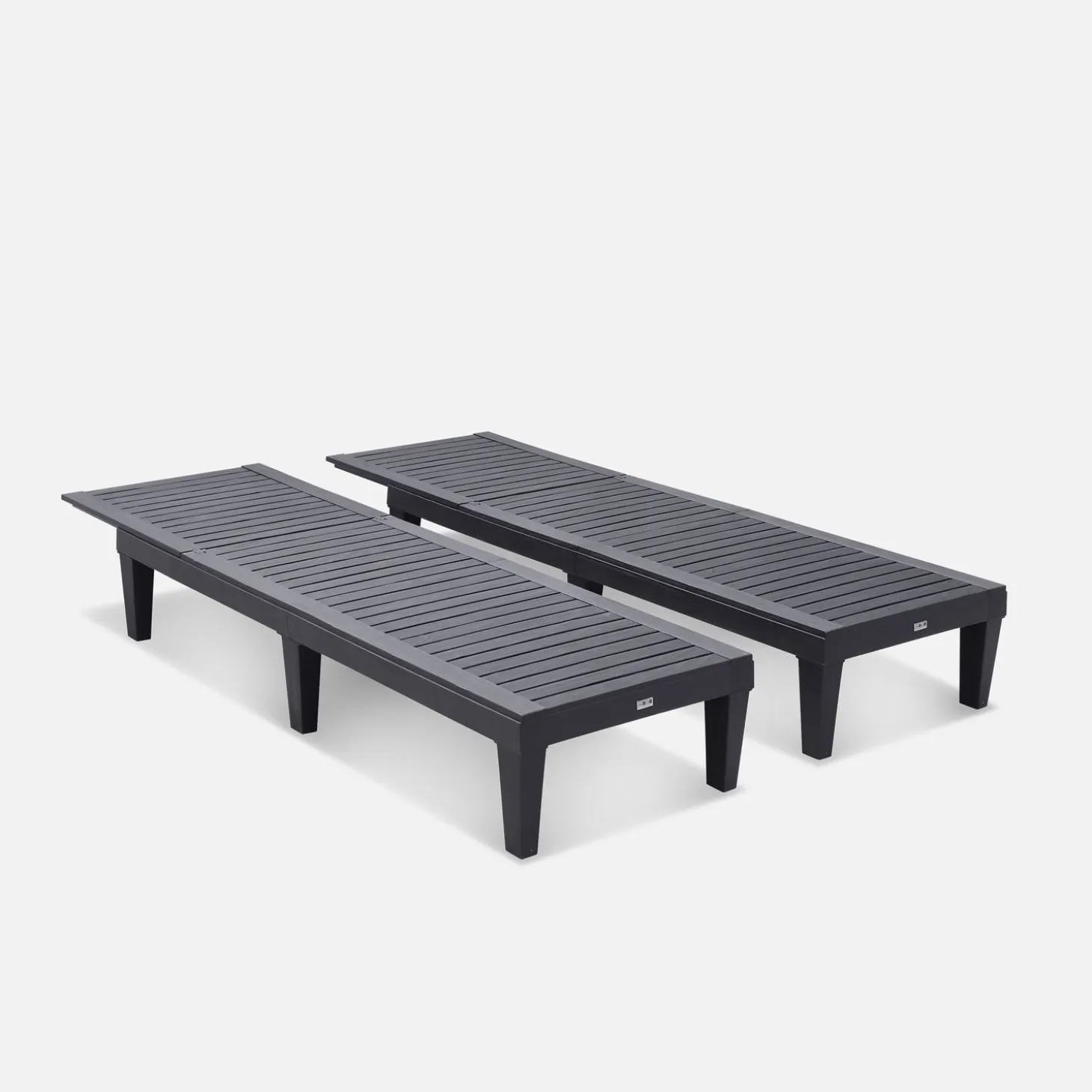 Pair of plastic sun loungers with textured wood effect