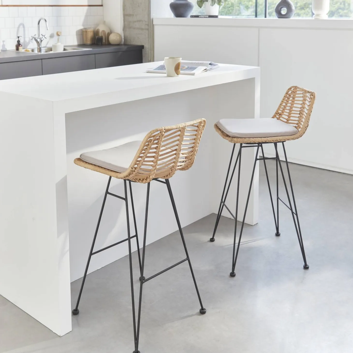 Pair of rattan bar stools 67cm