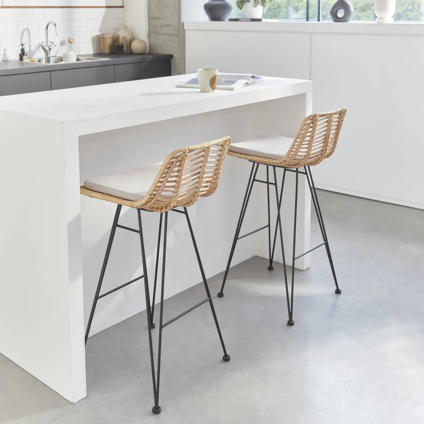 Pair of rattan bar stools 67cm