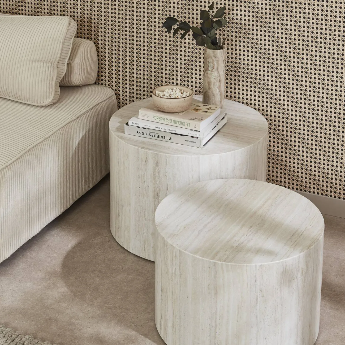 Pair of round marble-effect nesting coffee tables