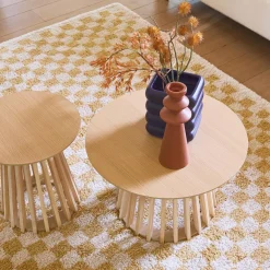 Pair of round wooden-effect coffee tables, 40cm and 60cm