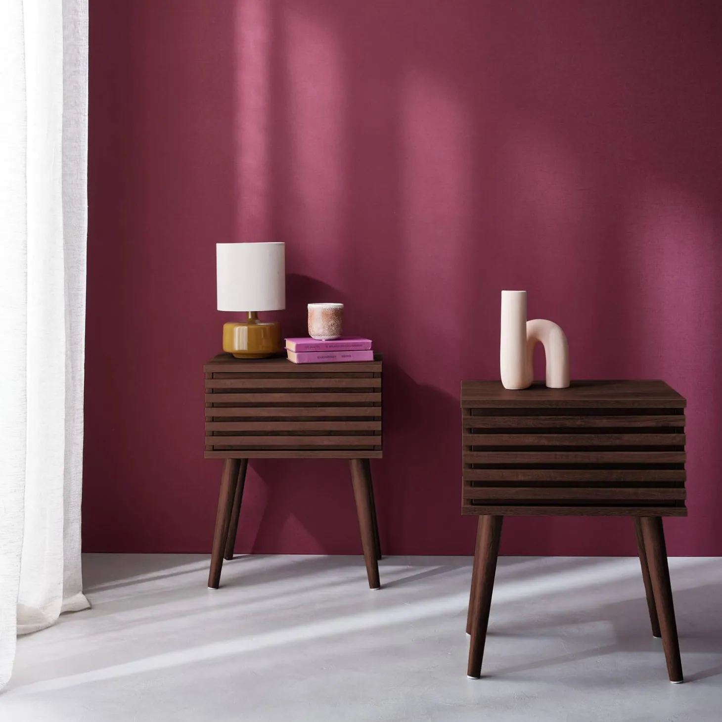 Pair of scandi-style bedside tables with grooved wood effect