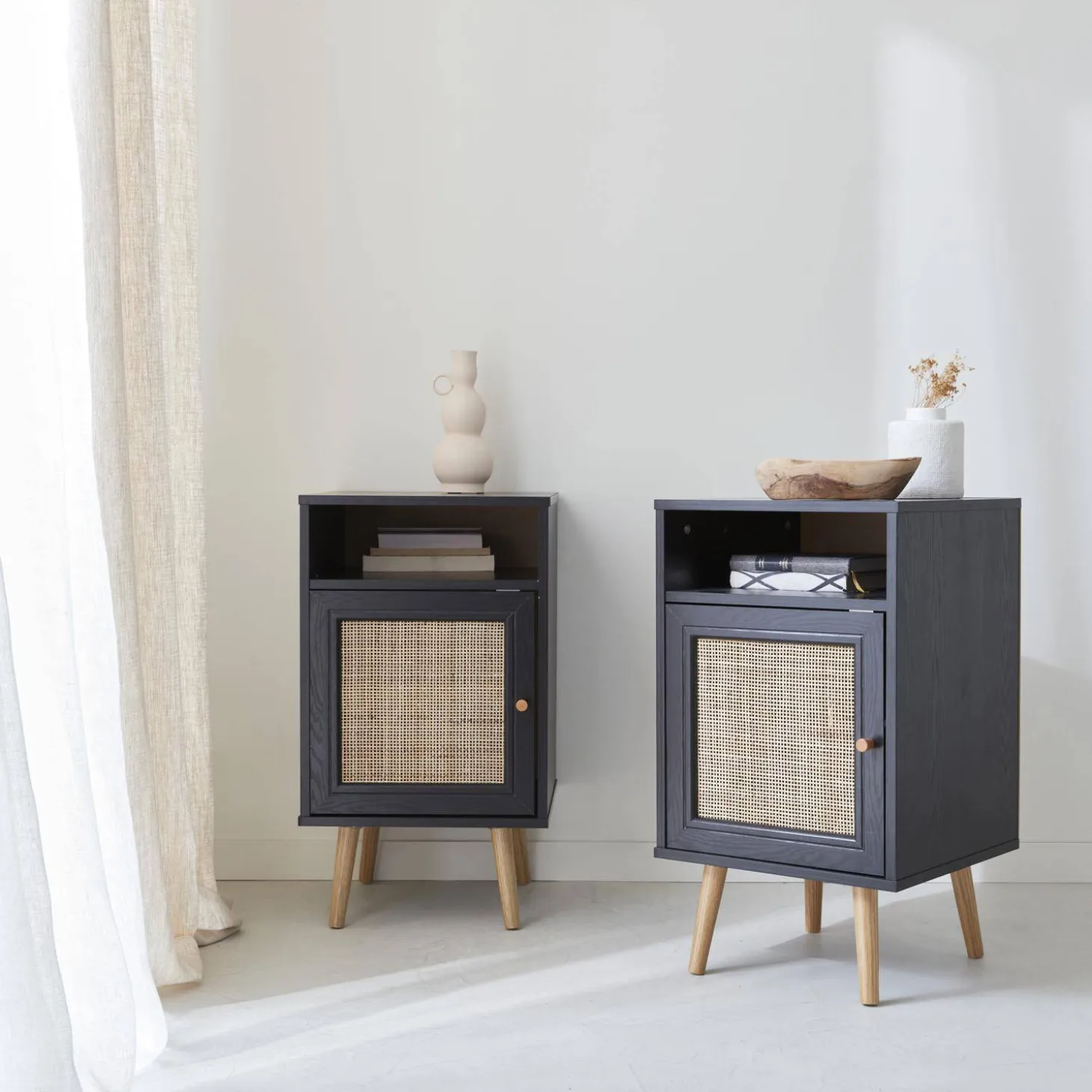 Pair of scandi-style bedside tables with cupboard
