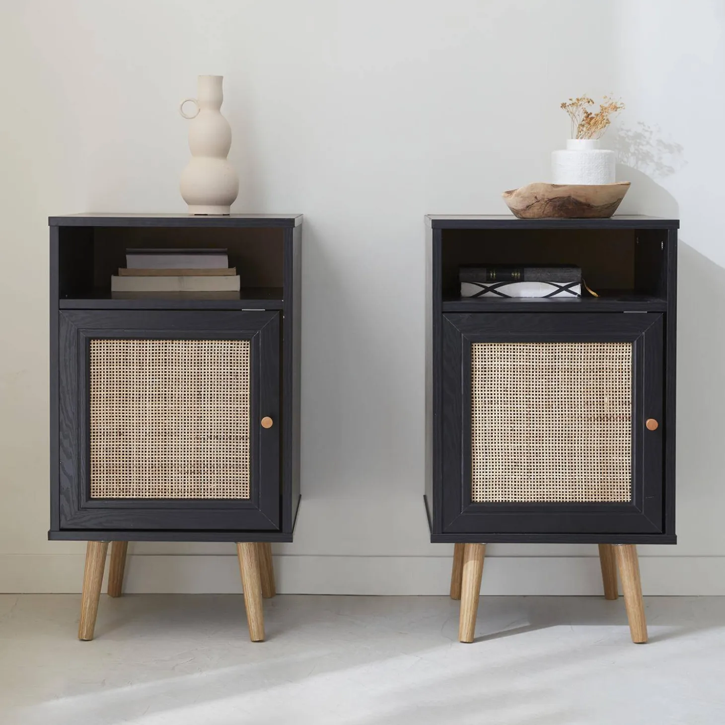 Pair of scandi-style bedside tables with cupboard