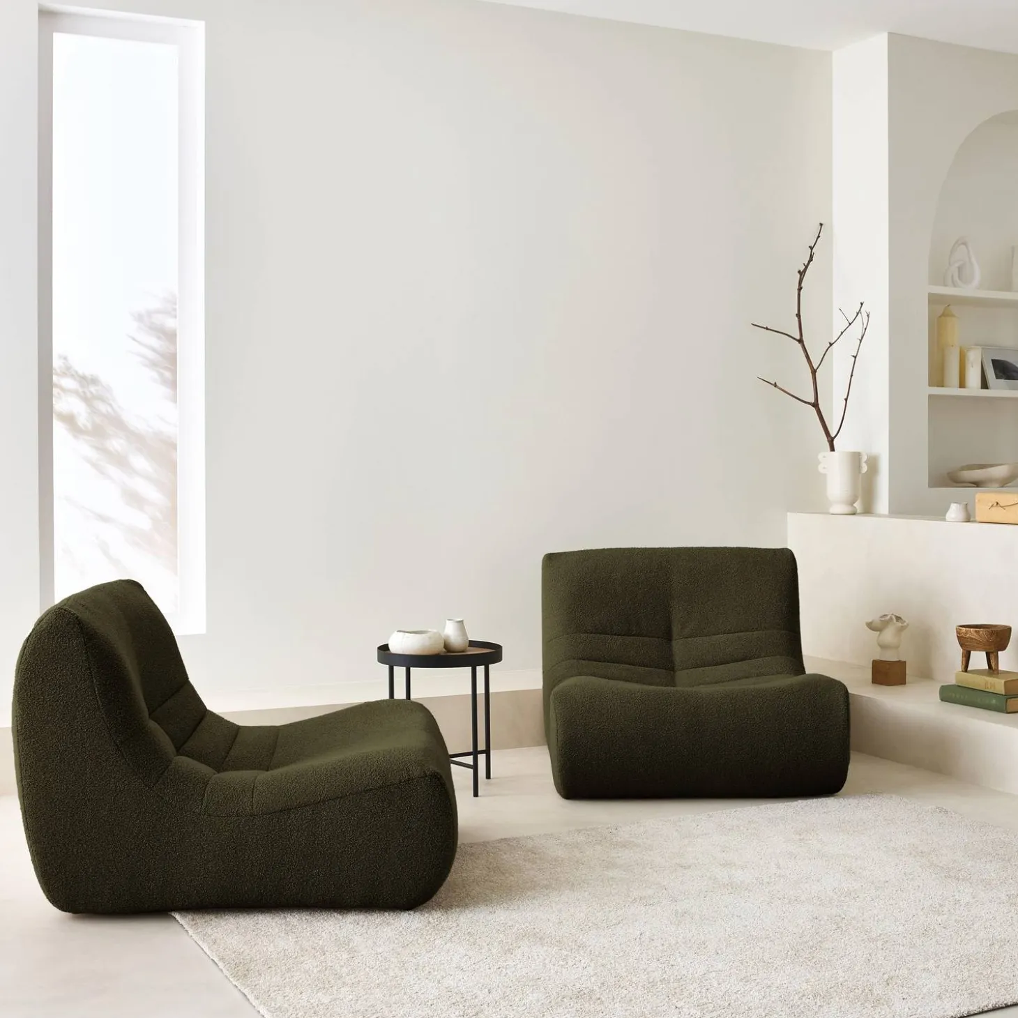 Pair of 1-seater armchairs in boucle fabric