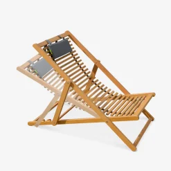 Pair of slatted wooden deck chairs
