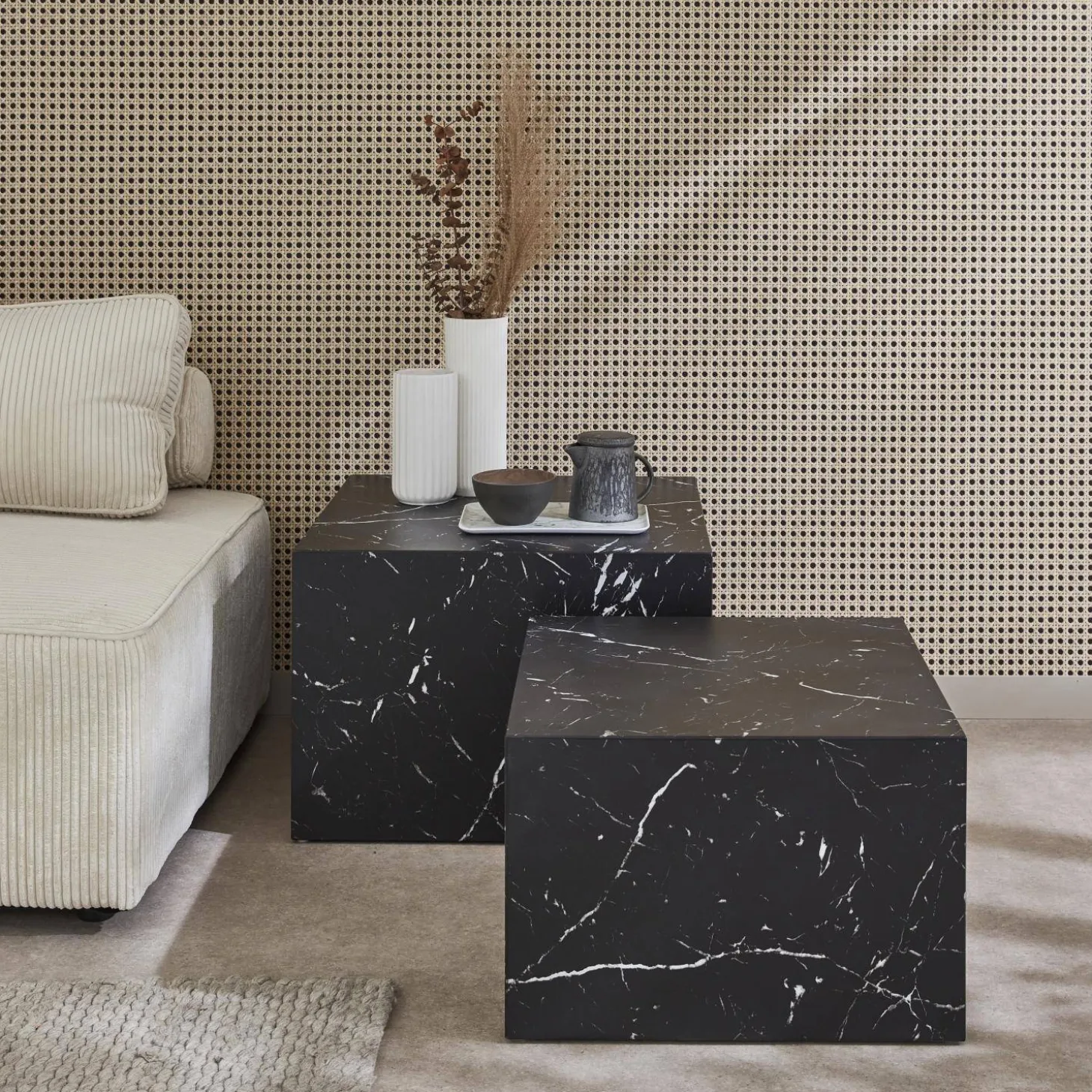 Pair of square coffee tables with marble effect