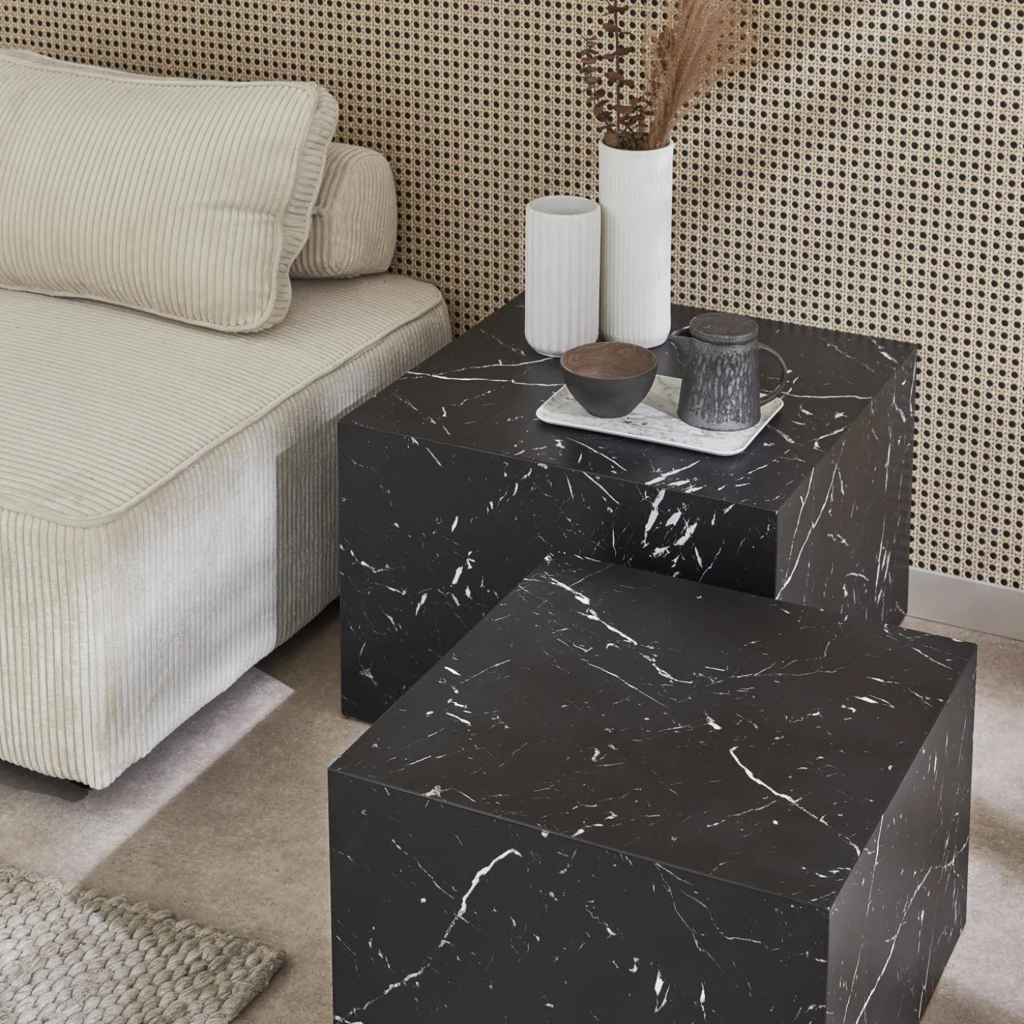 Pair of square coffee tables with marble effect