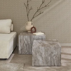 Pair of square coffee tables with marble effect