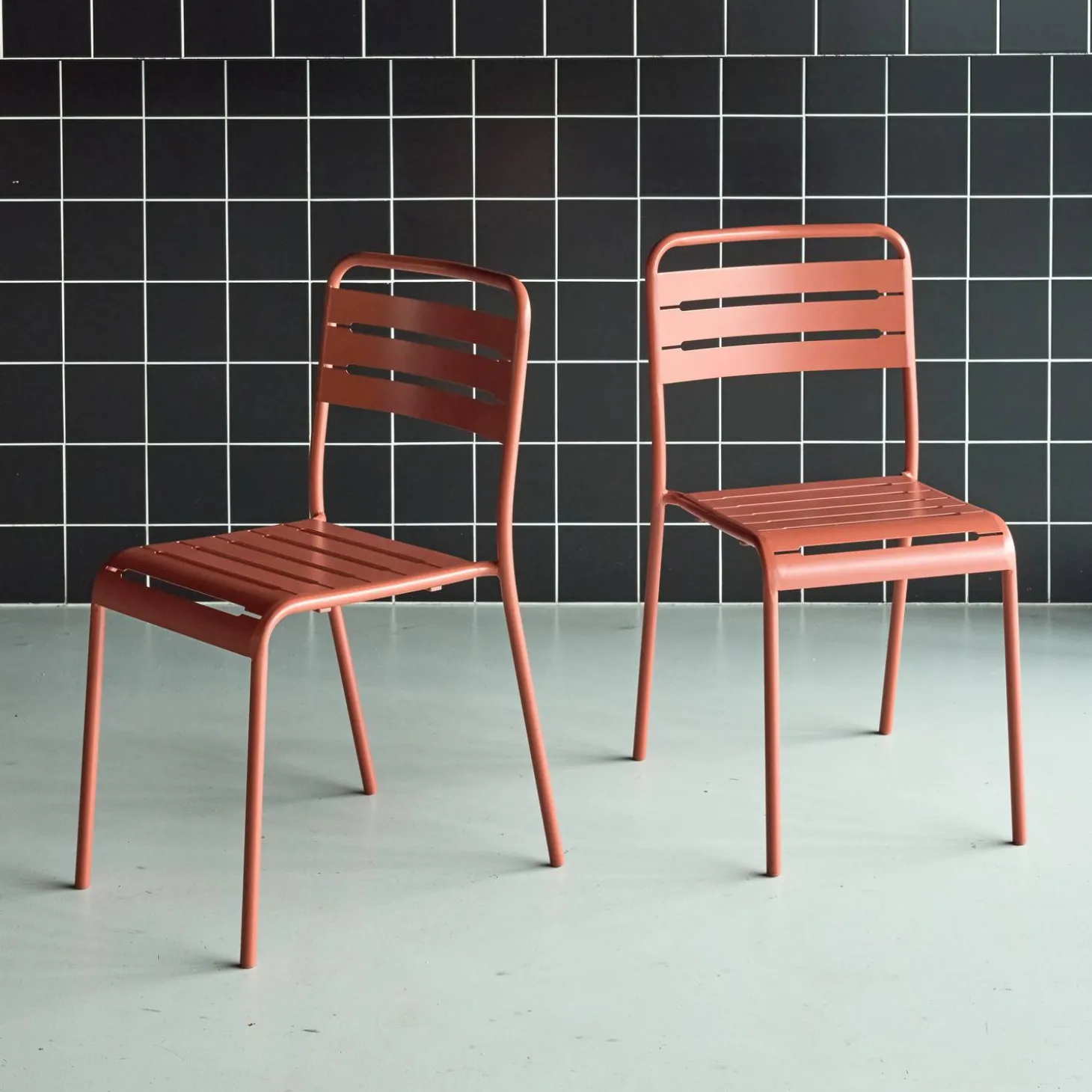 Pair of steel and stackable garden chairs