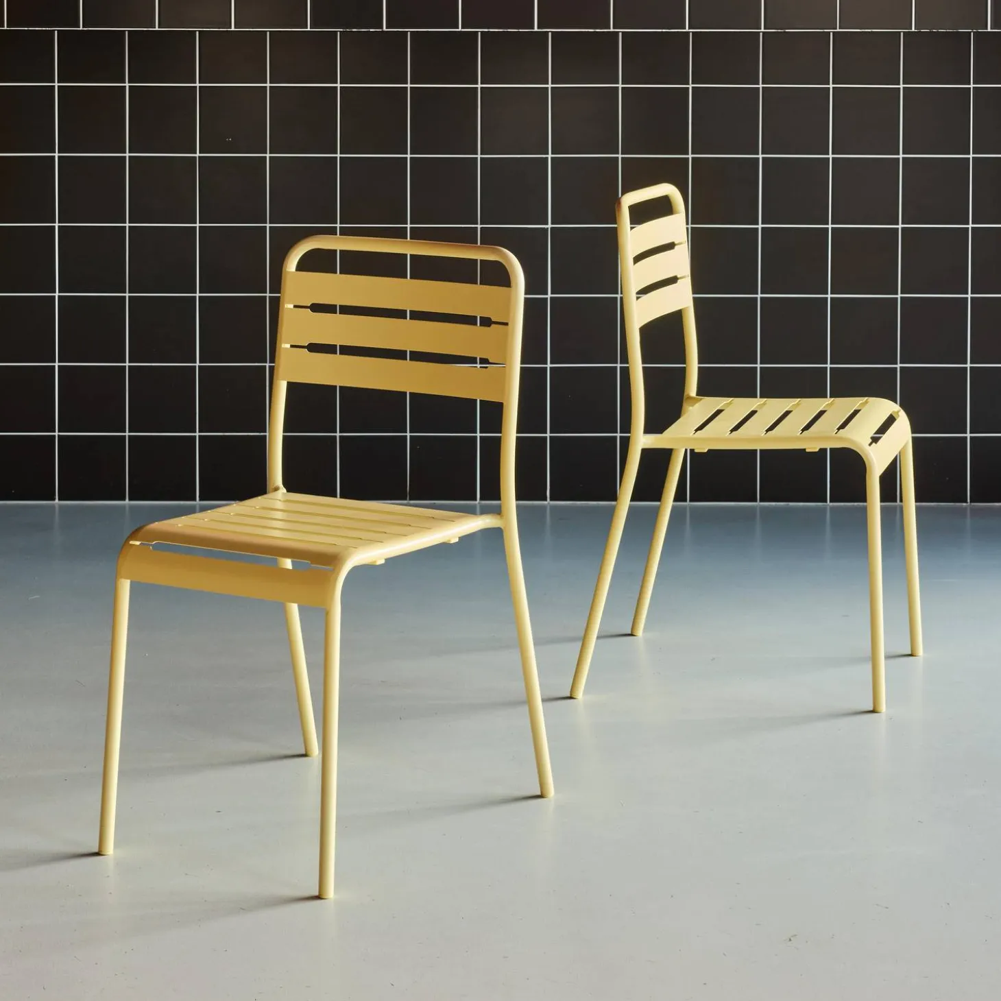 Pair of steel and stackable garden chairs
