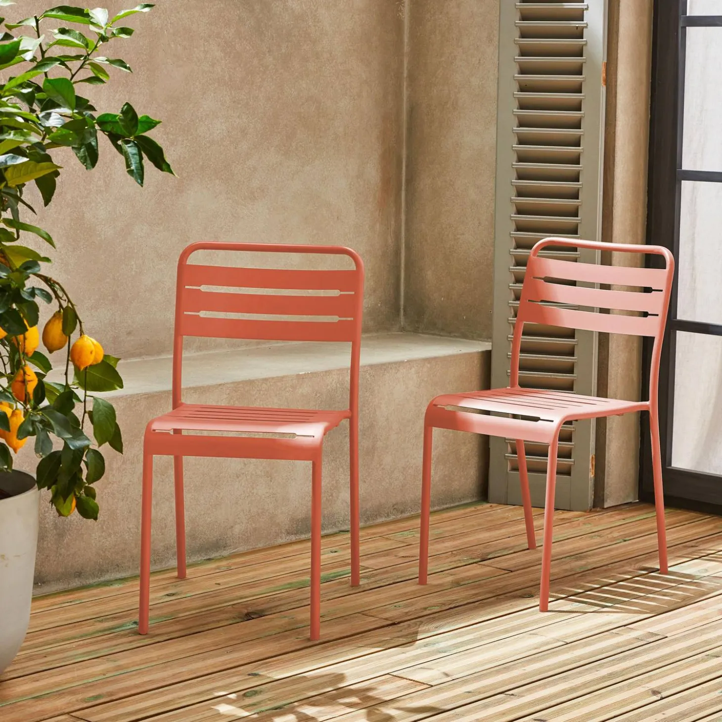 Pair of steel and stackable garden chairs