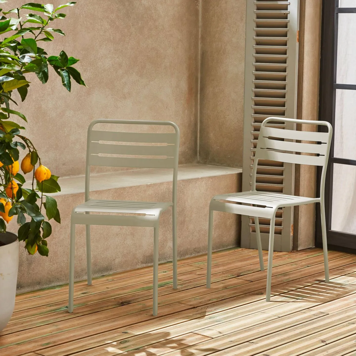 Pair of steel and stackable garden chairs