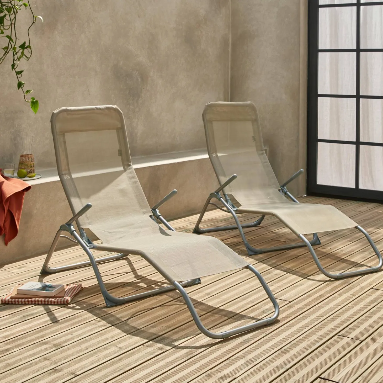 Pair of textilene sun loungers with 2 reclining positions