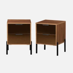 Pair of vintage 2-drawer bedside tables with wooden effect and glass