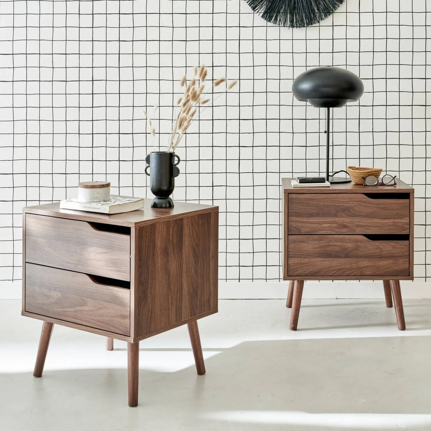 Pair of walnut bedside tables with wood effect