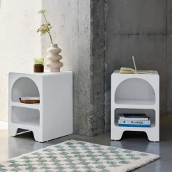 Pair of white wood-effect organic bedside tables, 2 niches