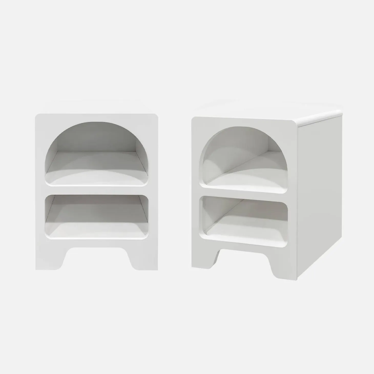 Pair of white wood-effect organic bedside tables, 2 niches