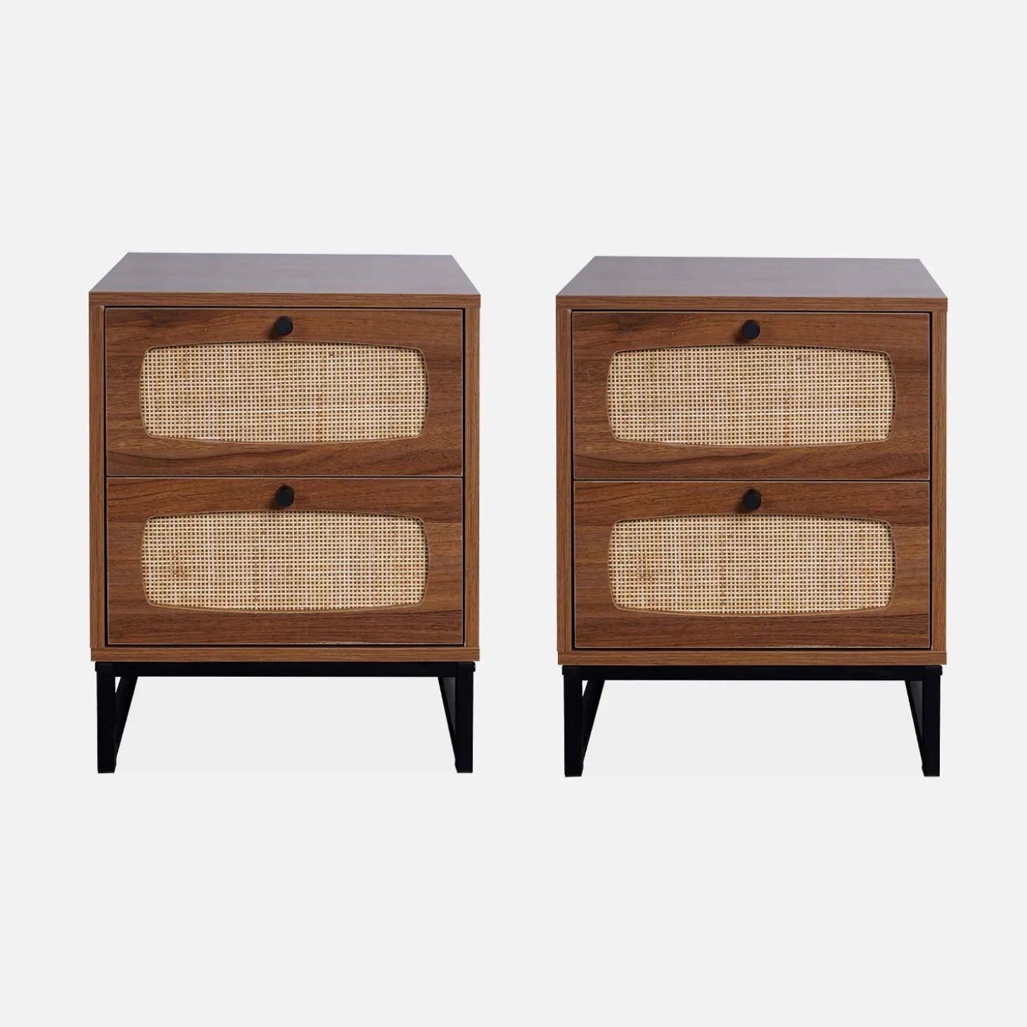 Pair of wood and cane bedside tables