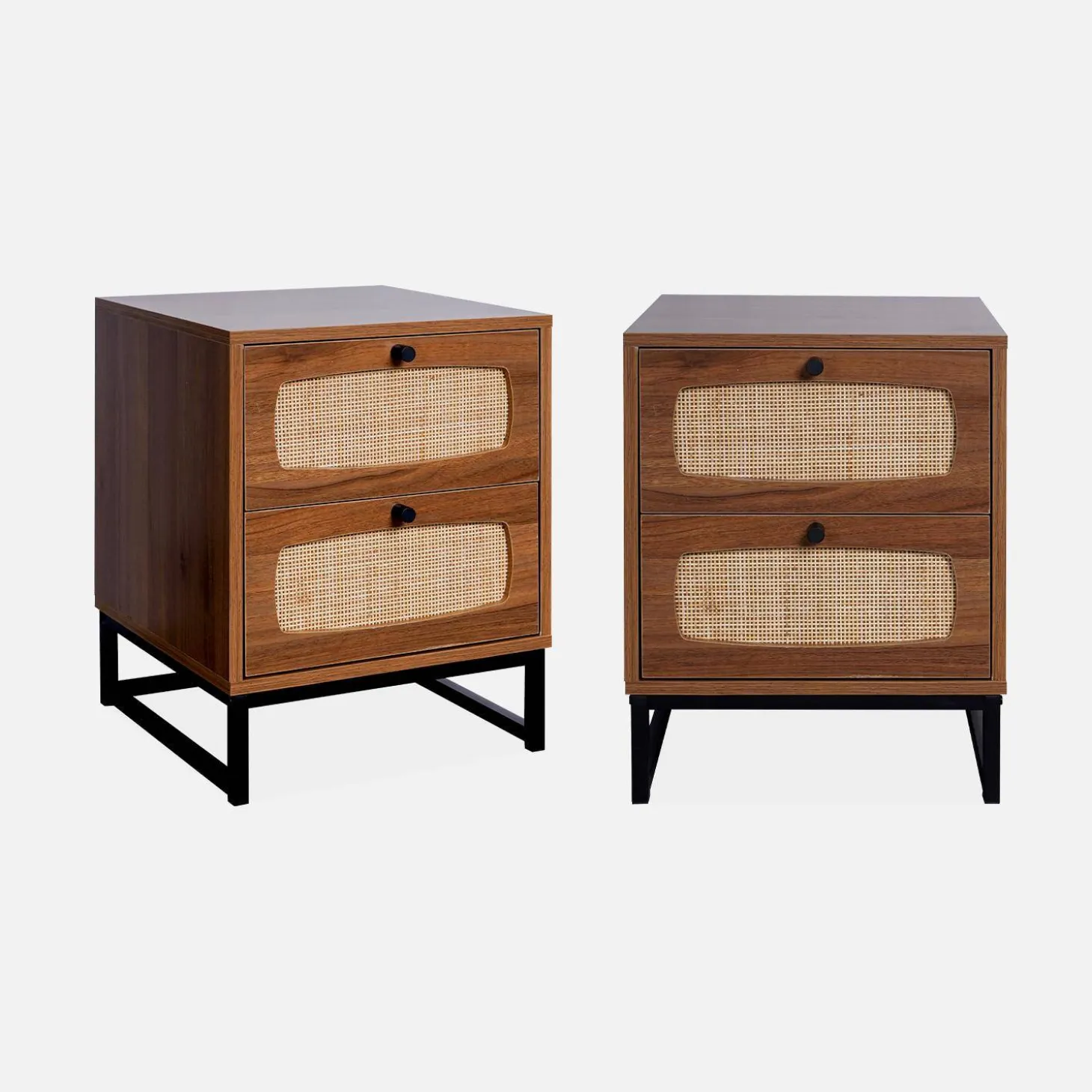 Pair of wood and cane bedside tables