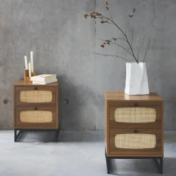 Pair of wood and cane bedside tables
