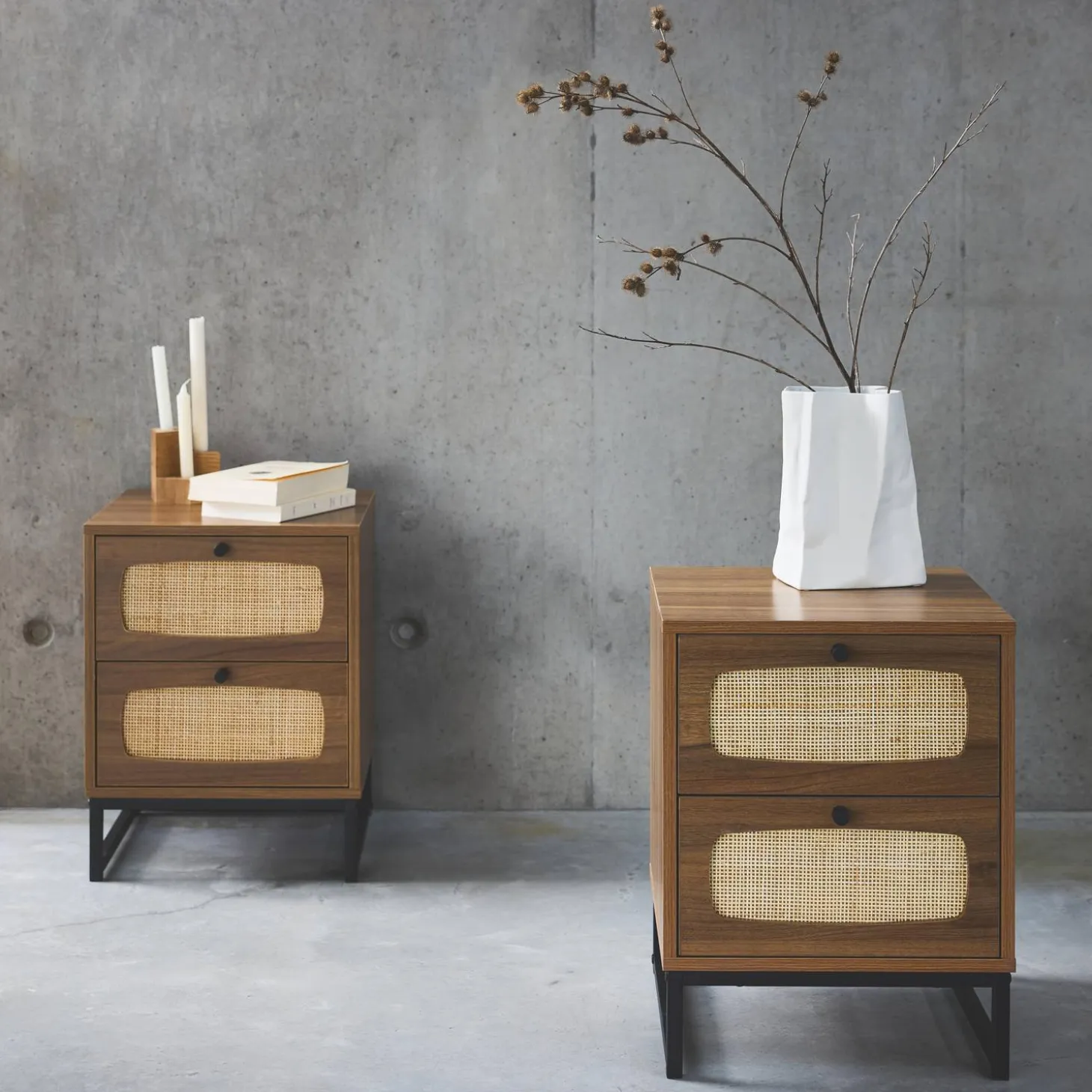 Pair of wood and cane bedside tables