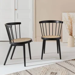 Pair of wood and cane dining chairs