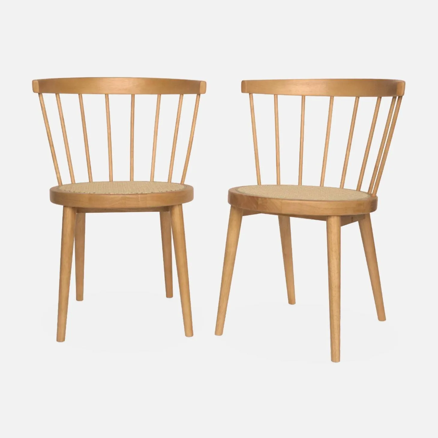 Pair of wood and cane dining chairs