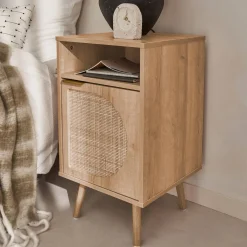 Pair of wood and rounded cane rattan bedside tables