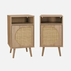 Pair of wood and rounded cane rattan bedside tables