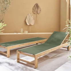 Pair of wooden and multi-position sun loungers with wheels