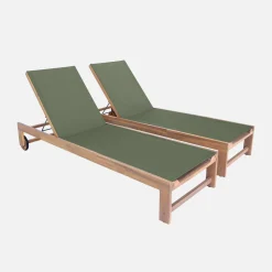 Pair of wooden and multi-position sun loungers with wheels