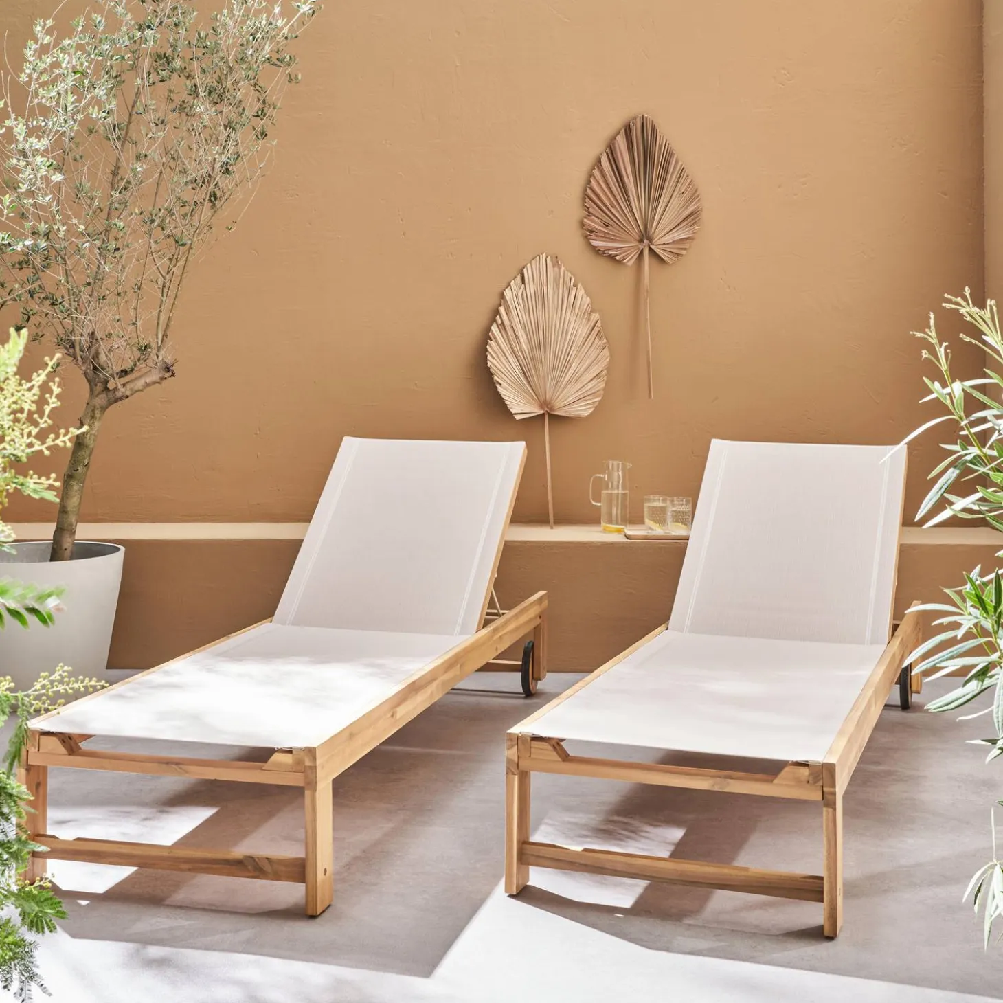 Pair of wooden and multi-position sun loungers with wheels