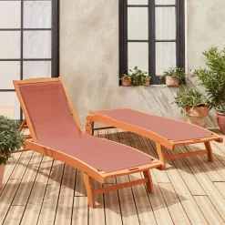 Pair of wooden and textilene sun loungers