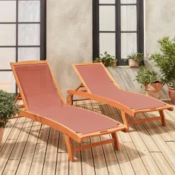 Pair of wooden and textilene sun loungers