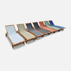 Pair of wooden and textilene sun loungers