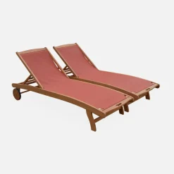 Pair of wooden and textilene sun loungers